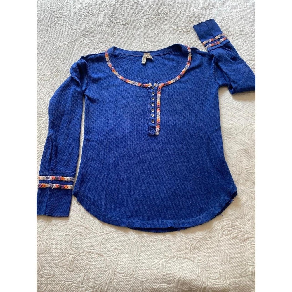 We The Free People Henley Women's Blue Long Sleeve Thermal Knit Cuff XS